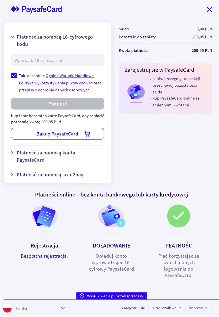 Po wybraniu PaysafeCard w kasynie zostajesz przekierowany na stronę operatora